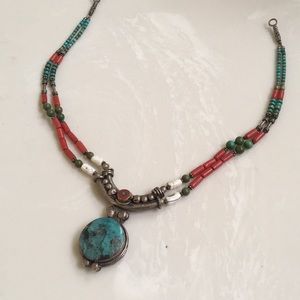 Tibetan silver, coral, and turquoise necklace